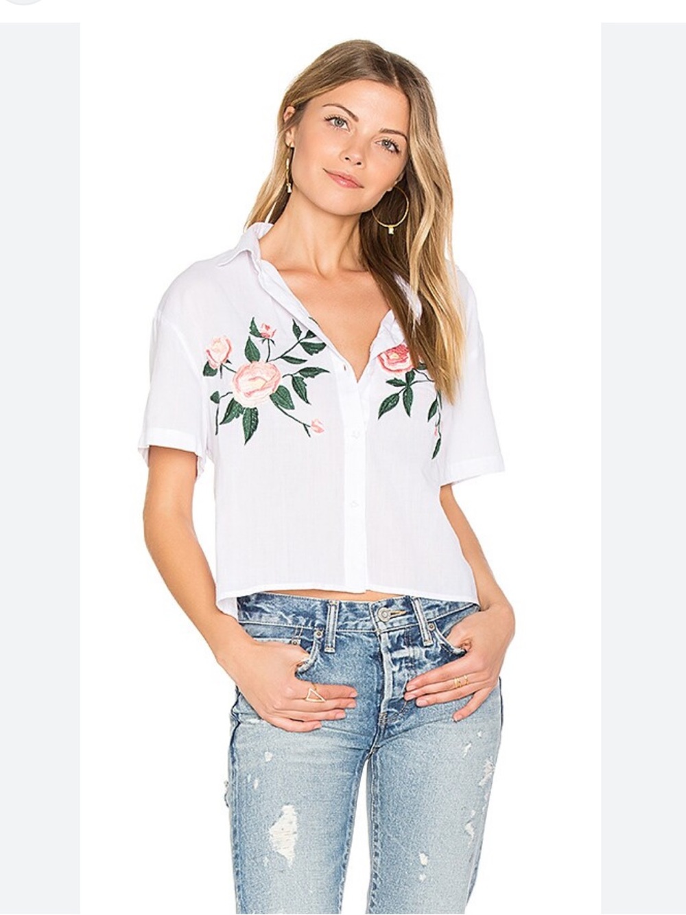 Rails White Button-Down Shirt with Pink Rose Embroidery S